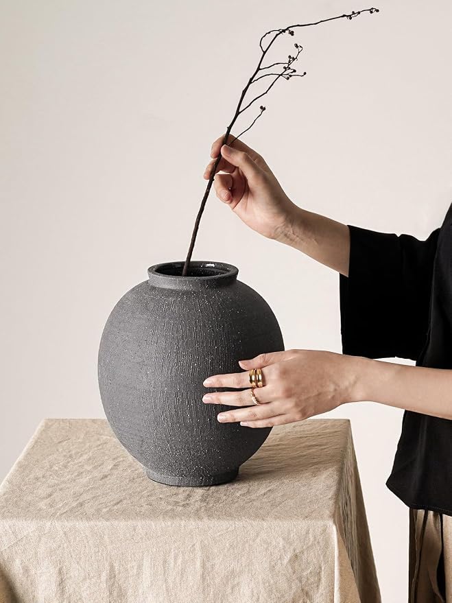 Large Blak Ceramic Vase - 9.8 Inch Rustic Farmhouse Flower Vase for Home Decor, Minimalist Tall Vases for Living Room, Table, Bathroom, Holiday & Weddings,Sandstone Dark Grey