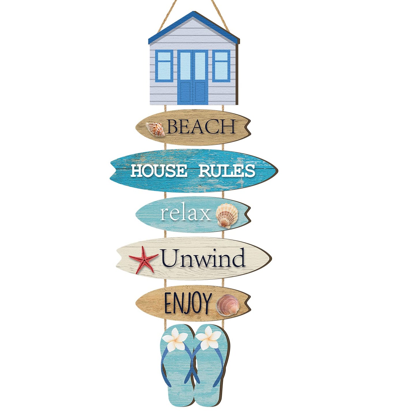 Kigley Beach Theme Wooden Wall Decor Summer Coastal Ocean Hanging Decor for Living Room, Bedroom, Bathroom Flip Flop Wood Sign with Starfish, Seashell, Coastal Wall Art for Home Office 25.2 x 9.4 Inch