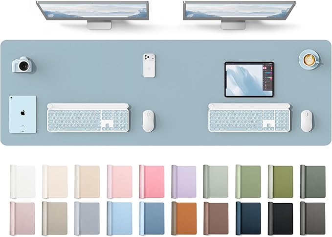 YSAGi Leather Desk Protector, Office Mat, Large Mouse Mat, Non-Slip PU Leather Blotter, Laptop Desk Mat, Waterproof Writing Pad for Office and Home(Ice Blue, 63" x 17.2")
