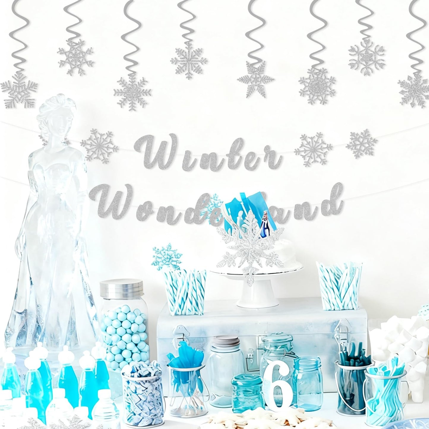 Winter Wonderland Banner,Snowflake Theme Party Decorations Include Pre-Strung Glittery Winter Wonderland Banner and 8 Pcs Snowflake Hanging Swirls,Christmas Birthday Party Supplies