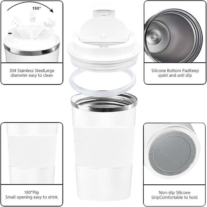 YINBAOGE Insulated Travel Coffee Mug, Spill & Leak Proof, Portable To Go Camping Stainless Steel Coffee Tumbler, Reusable Thermal Coffee Cup with Lid for Hot & Cold Drinks (White, 12 OZ)