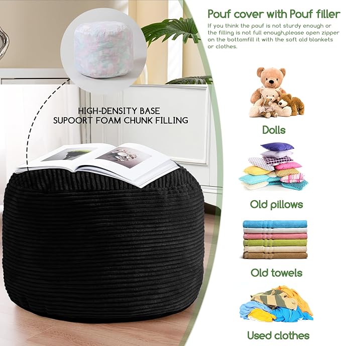 HIGOGOGO Round Stuffed Pouf Ottoman, Corduroy Poufs with Foam Chunk Filling, Furry and Fluffy Pouf Foot Stool Storage Ottoman, 26 X 18 Floor Poufs Foot Rest for Living Room, Black