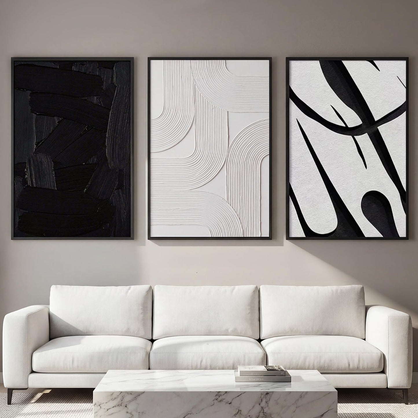 OurWarm 3D Large Framed Black and White Abstract Wall Art for Living Room, 3 Piece Big Minimalist Meutral Textured Modern Wall Art, Wall Pictures for Living Room Hallway Office Wall Decor 24x36 Inch