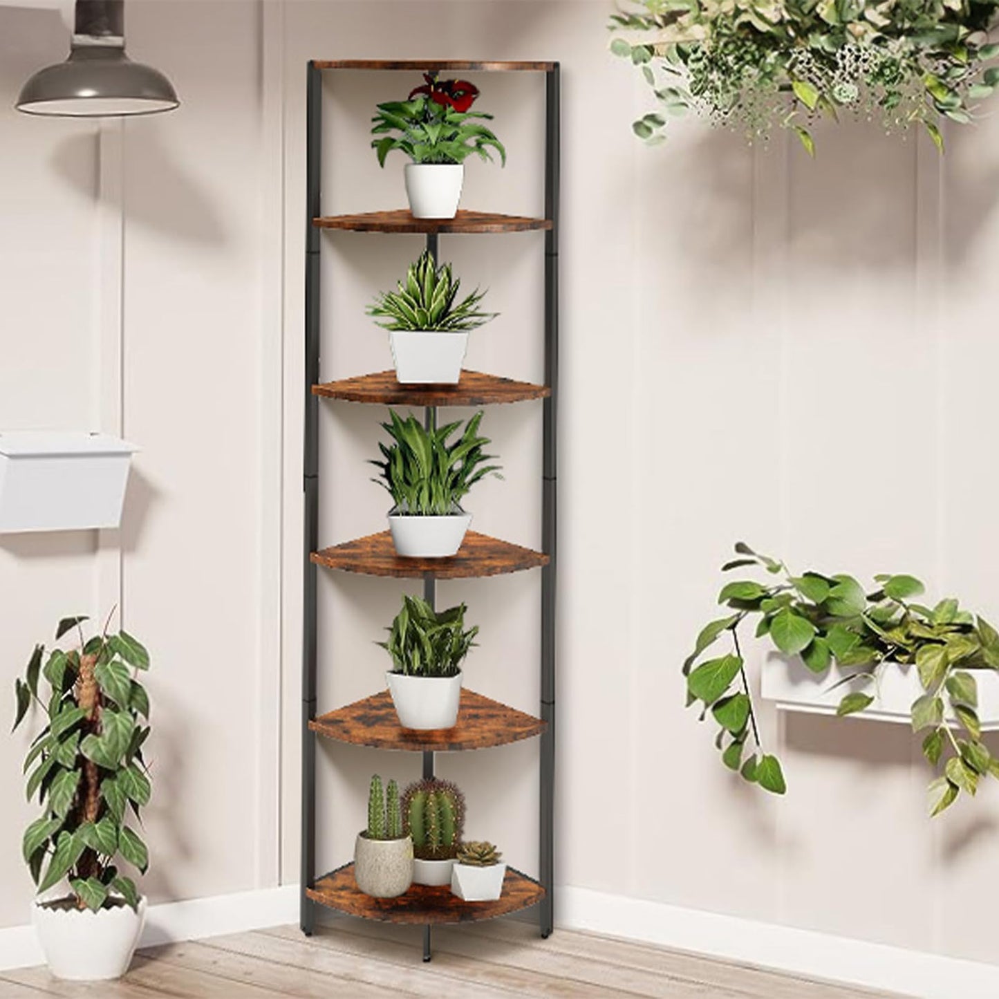6 Tier Corner Shelf 63.1" Tall Corner Shelves stand Ladder shelf metal Standing Bookshelf Organizer Display Rack Bookcase Plant Stand Industrial style for Living Room Bedroom rustic Brown CS-001RB