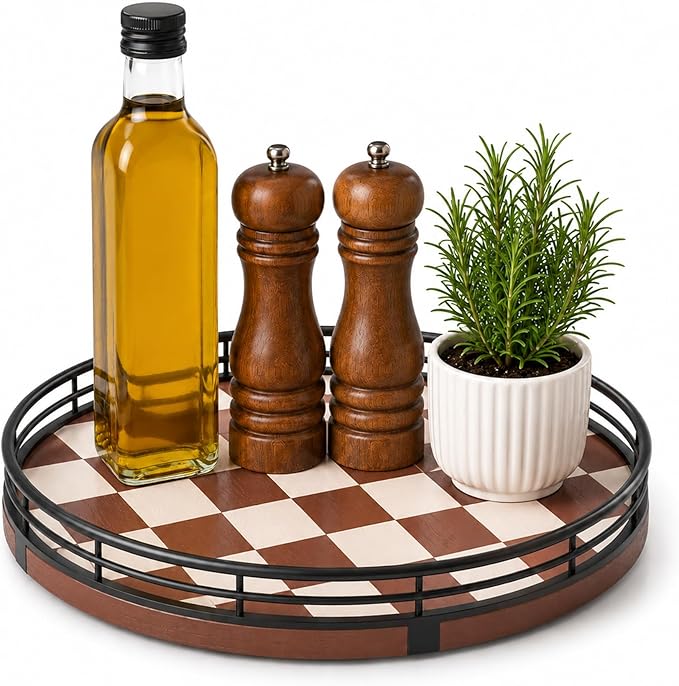 Brown Checkered Lazy Susan Organizer, 9 Inch Rotating Spice Rack with Black Metal Rail, Wood Turntable Tray for Kitchen Countertop, Cabinet, Condiments, Oil Bottles and Coffee Bar