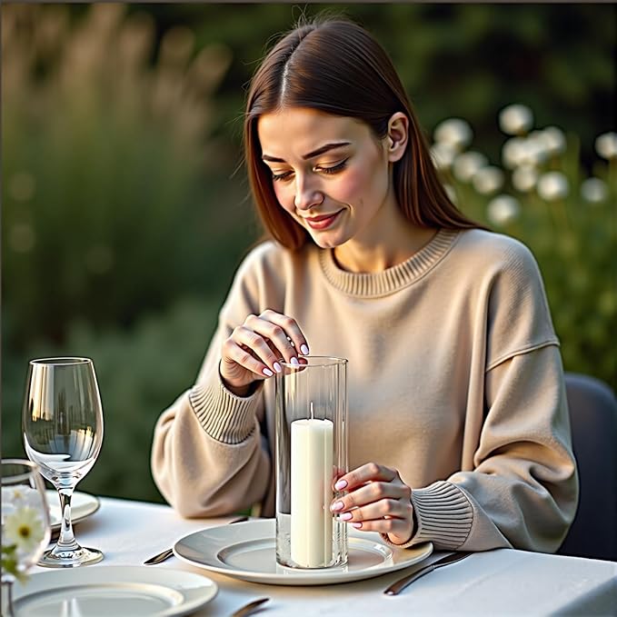 Set of 12 Elegant White Pillar Candles with Clear Ribbed Glass Holders?“Perfect for Weddings, Parties, Events, and Home Decor?“Long-Lasting Burn, Stylish Centerpieces, and Versatile Use