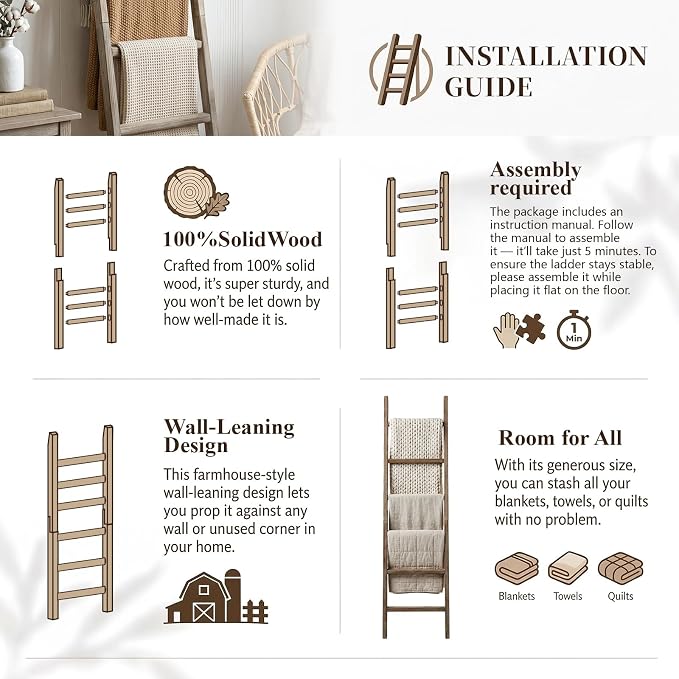 Wooden Blanket Ladder - Natural & Motley Wood - Leaning Wall Decor for Bedroom, Bathroom, Living Room - Rustic Quilt Holder & Towel Rack (Burnt Brown, 76in（6-Tier）)