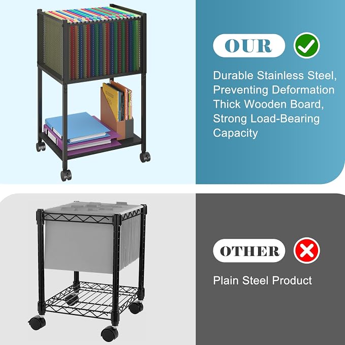 Sbanmao Letter/Legal Rolling File Cart, Narrow Mobile File Cabinet with Wheels Hanging Files, Metal Hanging File Folder Cart File Organizer Under Desk Storage for Home Office, Black