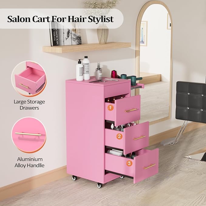 Salon Trolley Cart with Wheels, 3-Drawer Rolling Hair Styling Station, Mobile Beauty Trolley with Hot Tools Holder, Storage for Salon, Barbershop, Spa & Tattoo, Pink