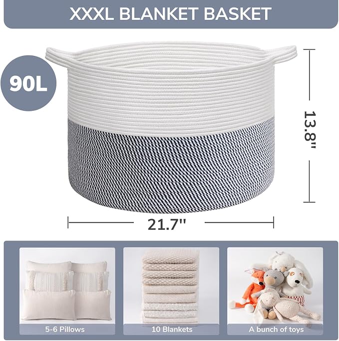 INDRESSME XXXLarge Cotton Rope Basket 21.7" x 21.7" x 13.8" Woven Baby Laundry Baskets Blanket Basket Toy Baskets with Handle Storage Comforter Cushions Navy Laundry Hamper