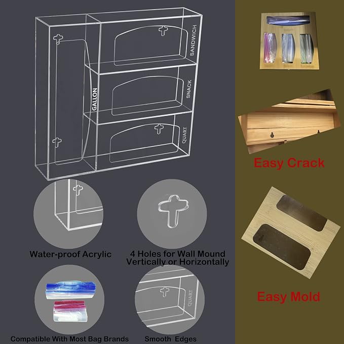 SEANADO Acrylic Zip Bag Storage Organizer, Bamboo Baggie Organizer Dispenser for Kitchen Drawer and Wall Mount，Compatible with Gallon, Quart, Sandwich & Snack Variety Size Bag(Clear)