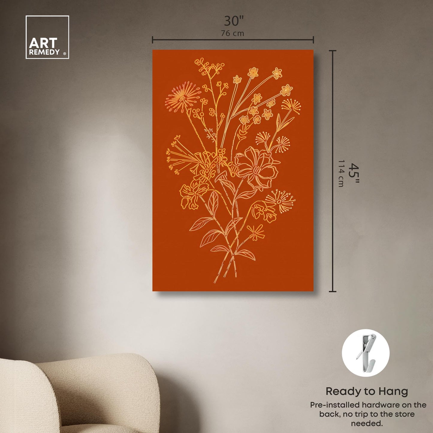 Art Remedy Golden Bouquet Embroidery Canvas Classic Cottage Art, Gallery Wrapped, 30" x 45"