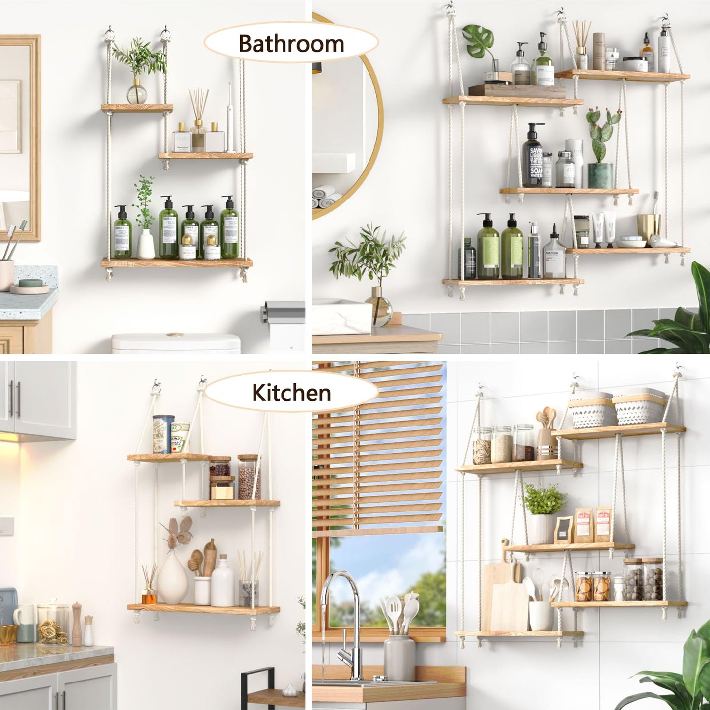 FKSLIFE Hanging Shelves for Wall,Macrame Hanging Plant Shelf with Vine Lights 5 Tier Rope Floating Shelf Wood Organizer Storage Rack Boho Wall Decor Aesthetic for Succulents Bedroom Bathroom Kitchen