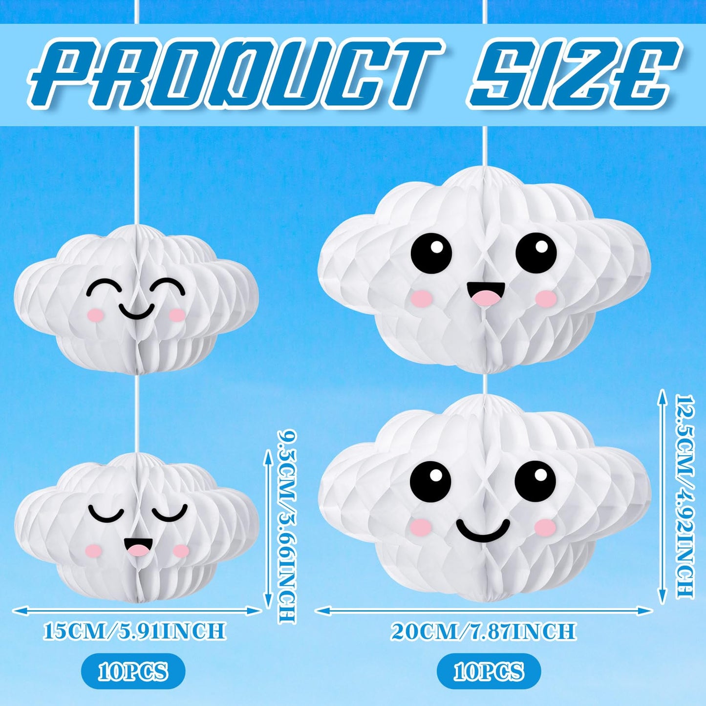 Affrolling 20 Pcs 3D Cloud Decorations Hanging Honeycomb Decor Artificial Cloud Ornaments for Ceiling Art Wedding Birthday Nursery Room Baby Shower Party Decorations (Medium,Cute Style)