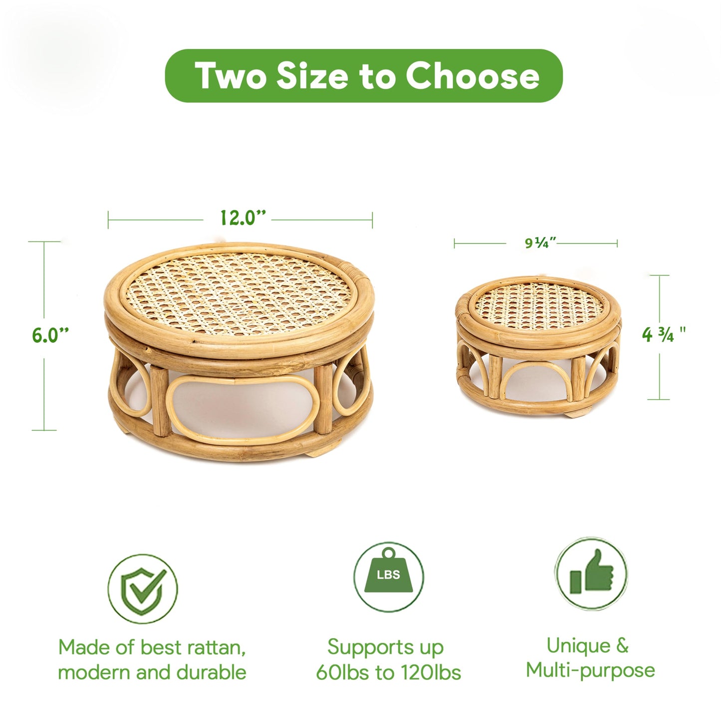 KUTORKILL Set of 2 Large Rattan Wicker Round Risers Decorative Indoor Plant Stand, Mid Century Minimalist Modern Plant Stands, Boho Short Plant Stand Holder Suitable Fits 8'' and 12'' Pots