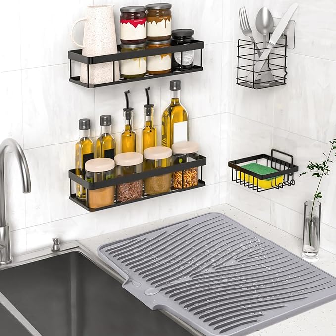 TIKNIK Silicone Dish Drying Mat for Kitchen Counter - Heat Resistant & Non-Slip Dish Drain Pad with Built-In Drain, Dishwasher Safe, Quick-Dry, Hangable & Roll-Up for Storage, Grey-2pcs, 20" x 15"