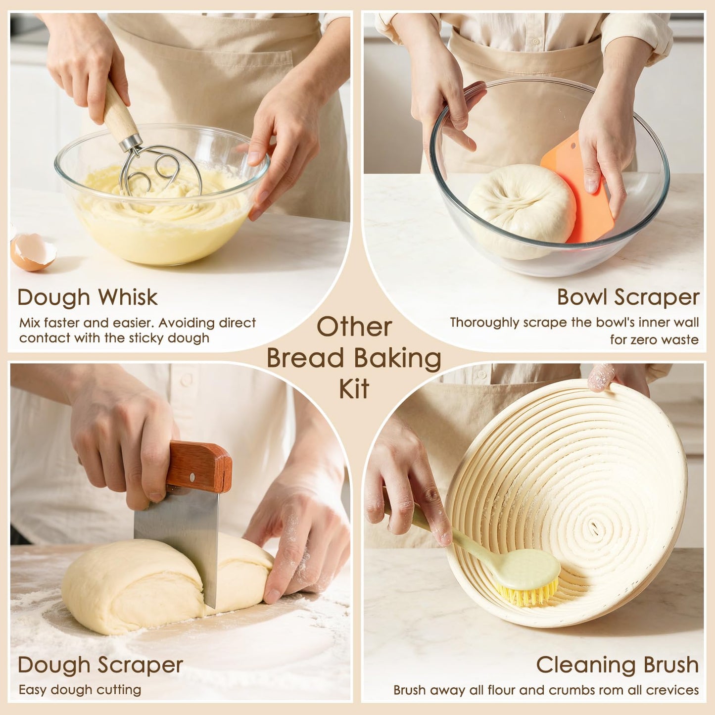 Kikcoin Sourdough Starter Kit, Complete Sourdough Bread Baking Supplies Includes 24oz Sourdough Starter Jar, Rattan Banneton Proofing Basket Set of 2, Artisan Bread Making Kit for Beginners & Pros