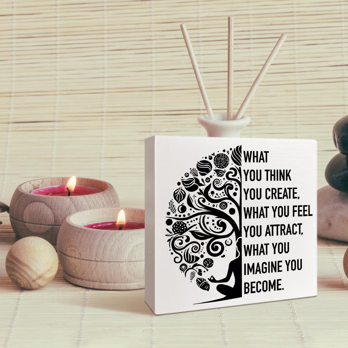 Namaste Meditation Room Desk Wooden Box Sign Decor, Spiritual Zen Den Room Decor, Buddha Quote Yoga Room Wood Box Sign Decorations, Meditation Gifts for Women Men Yoga Lover, What You Think You Create