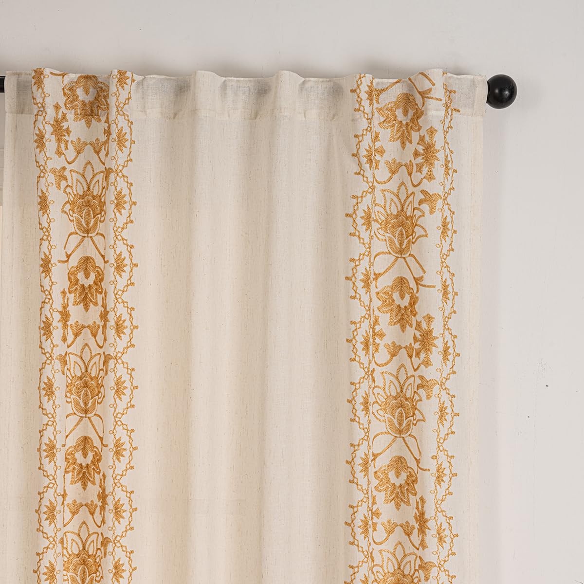 Tootop Bohemian Curtains Linen Gauze Embroidered Curtains Bohemian Floral Beige Farmhouse Living Room Decor Rustic Semi-Blackout Curtains Tieback Pocket or Folded Edge 2 Panel 84 Inch Gold