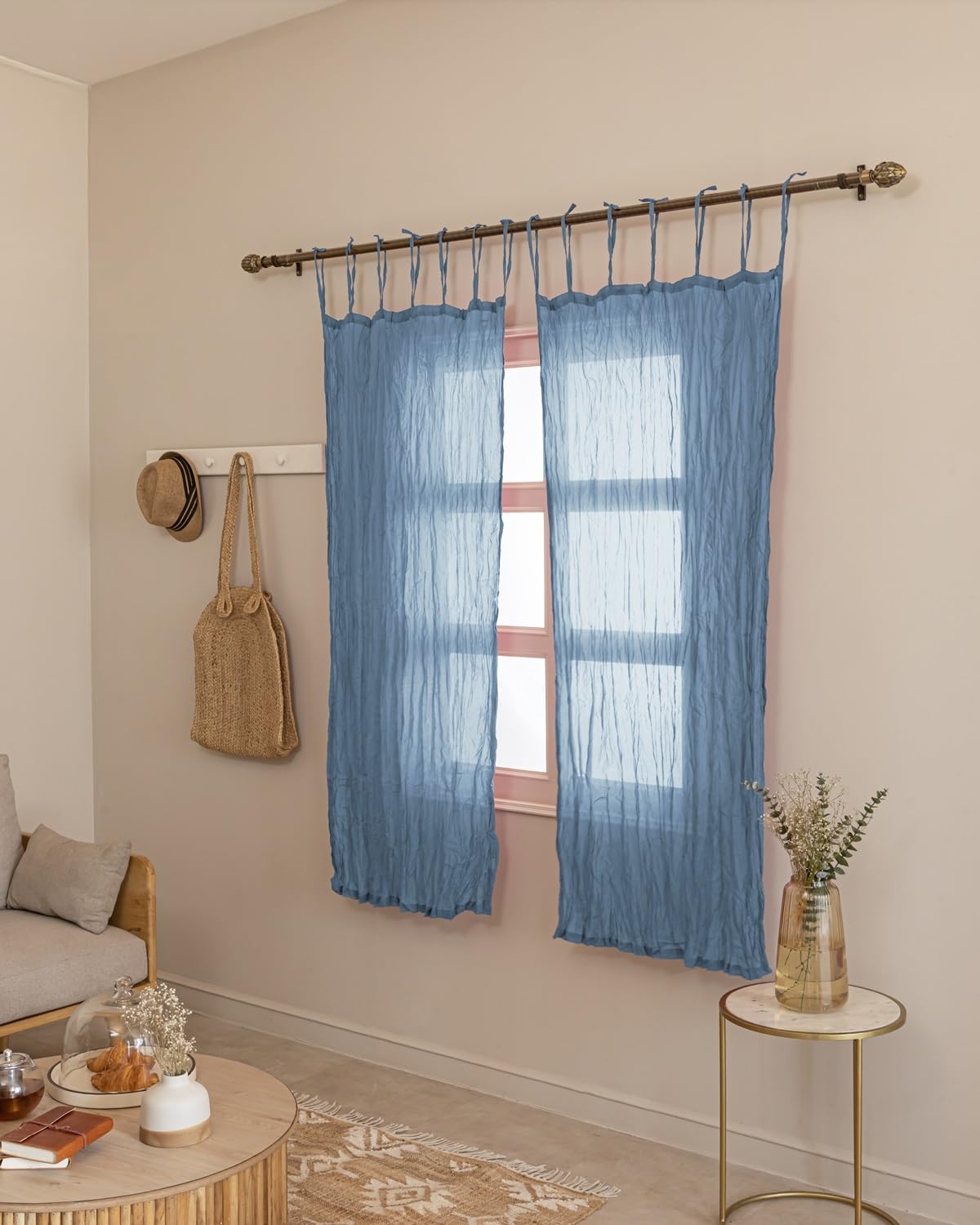 TARAN LIVING Sheer Crinkle Curtain Panel Set of 2, 100% Natural Washable Cotton Window Treatment Rod Pocket Curtain Panels for Kitchen, Bedroom and Living Room - Blue, Window - 42"x63"