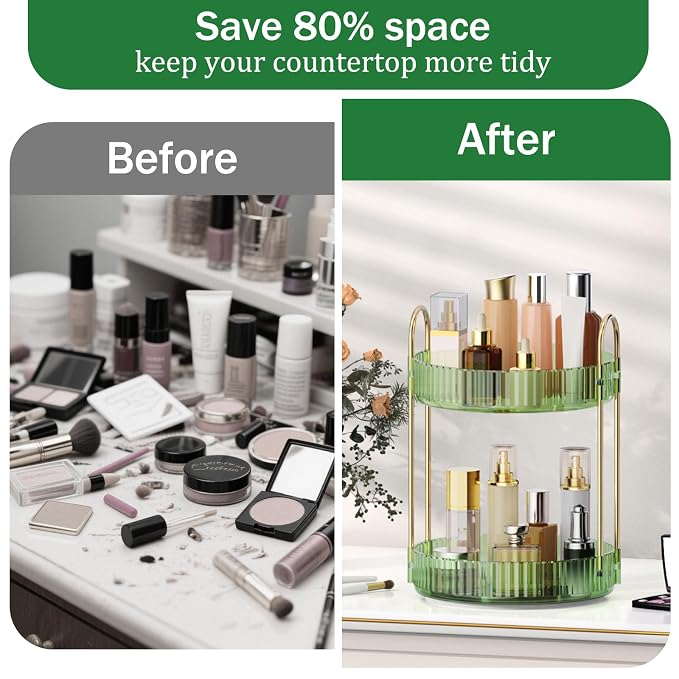 MOKANI 360 Rotating Makeup Organizer for Vanity, 2 Tier Adjustable Perfume Organizer for Dresser, Multi-Function Spinning Cosmetics Skincare Storage for Bedroom, Dresser, Countertop, Green