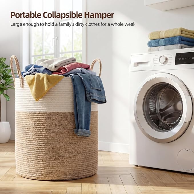 OIAHOMY Large Laundry Basket Hamper - 60L Cotton Rope Woven Basket for Blankets, Toys, Clothes - Tall Decorative Nursery Hamper with Long Handles, Brown/White