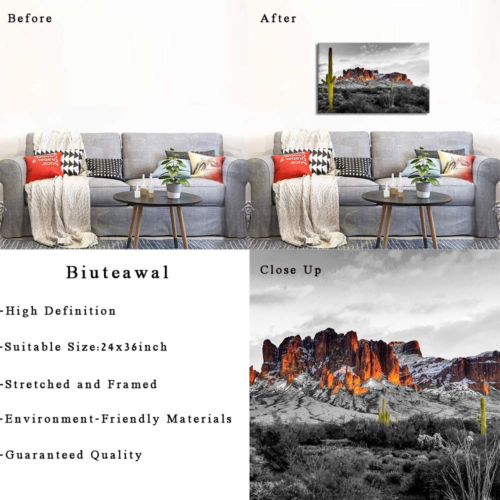 Biuteawal Superstition Mountains Sunset Wall Art Arizona Western Desert Cactus Landscape Paintings Canvas Art Print Nature Pictures for Home Wall Decoration Ready to Hang