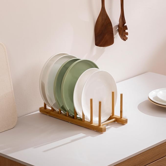 HBlife 2-Pack Bamboo Wooden Dish Rack Holder Space-Saving Vertical Organizer for Plates, Cups, Pots, Lids, Bowls & Cutting Boards Kitchen Cabinet & Counter Storage