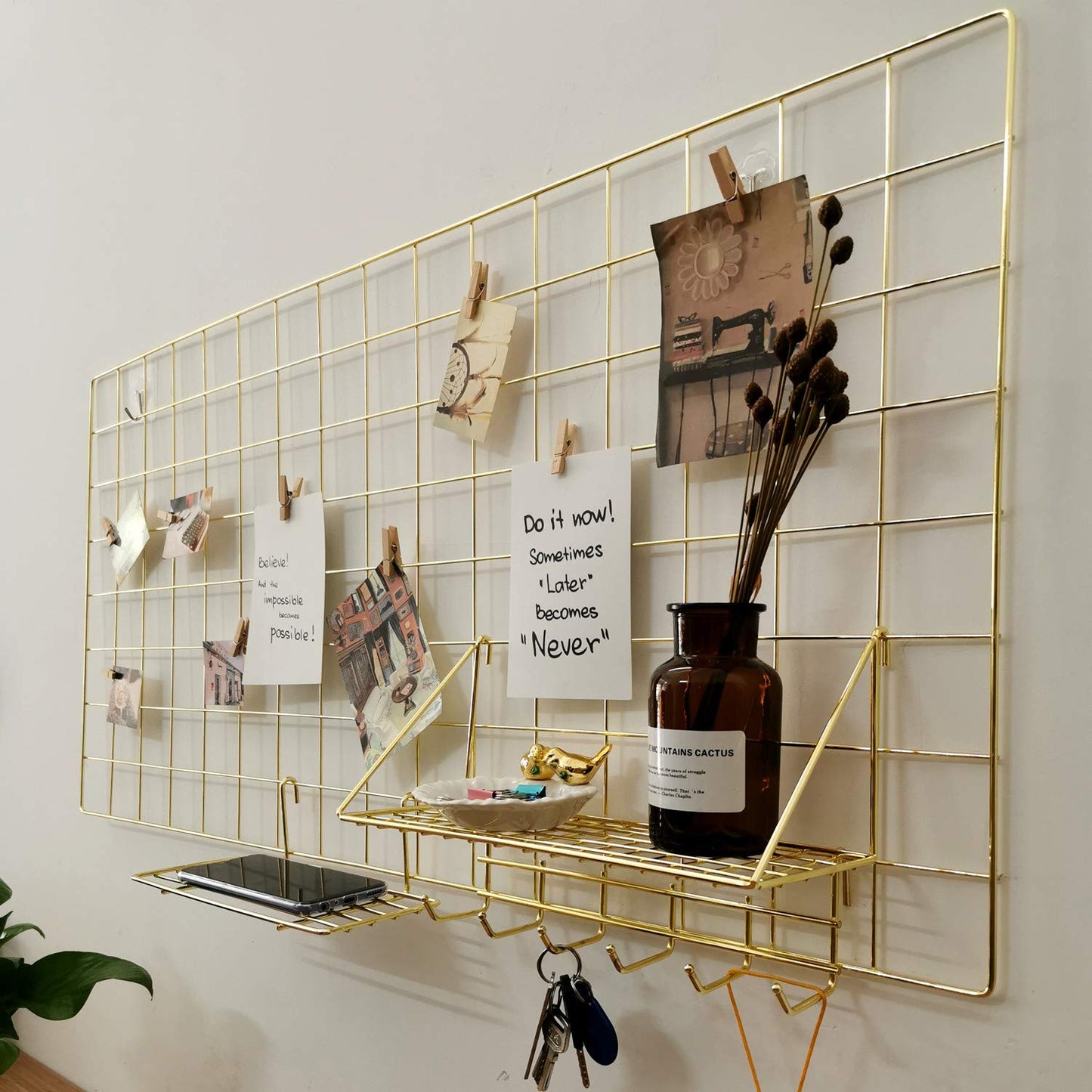 Yash Metal Wire Grid Panel, Display Organizer, Postcard, Wall Artwork Display for Home Office Living Room Dorm Room, Kitchen Storage Grid Wall, 37.4" X 17.7", Pack of 2 Pcs, Gold