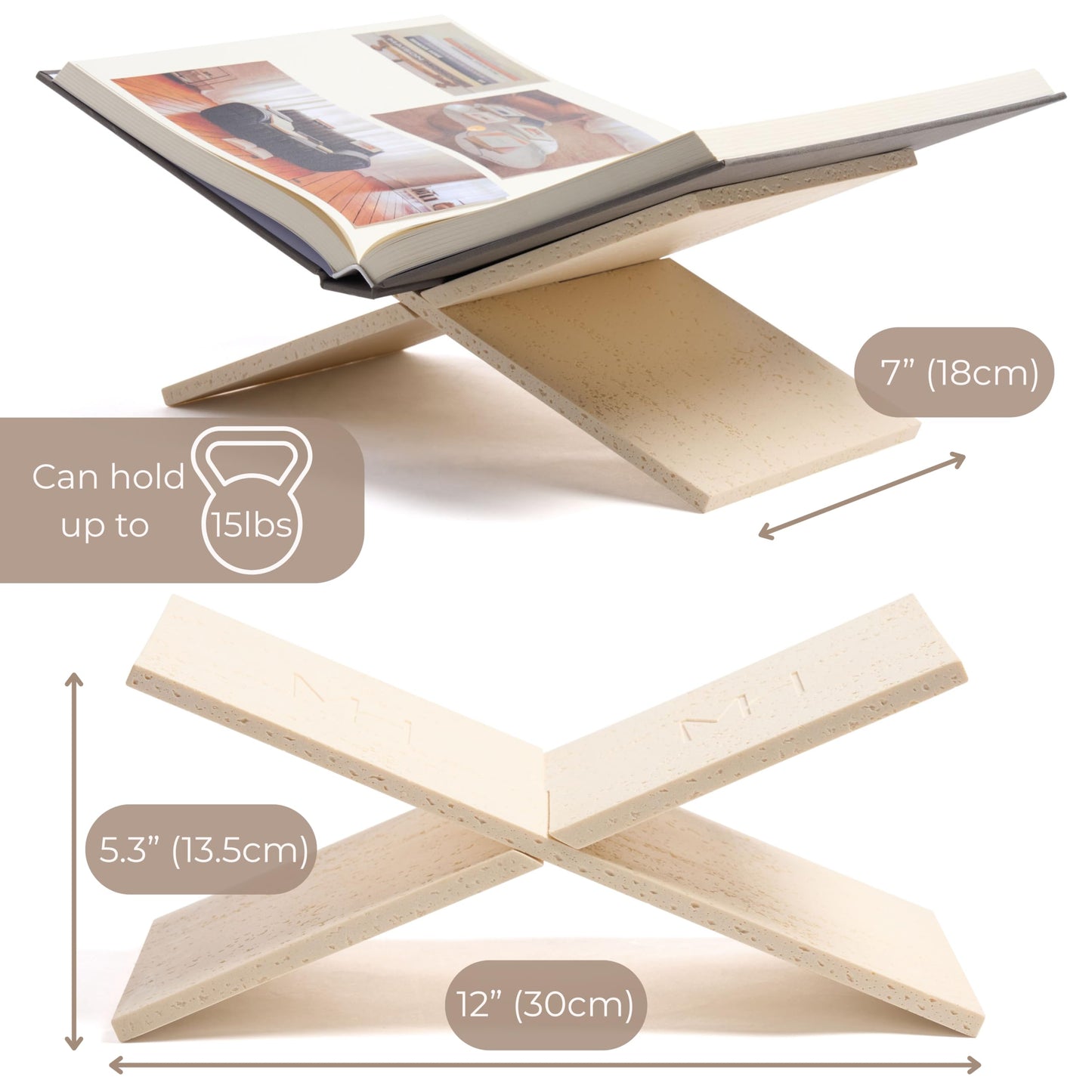 Moncur Home Faux Travertine Stone Finish Resin Book Holder for Recipe Book Display Stand, Coffee Table Books, 2 Pieces Slot Together, Neutral Beige Coffee Table Decor for Large Books
