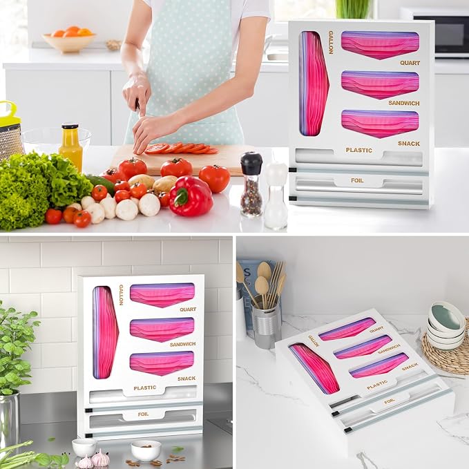 DALSHABET Bamboo Bag Organizer with Magnetic Closure, 6 In 1 Kitchen Drawer Foil and Plastic Wrap Dispenser with Cutter, Storage bag for Gallon, Quart, Sandwich, Snack White