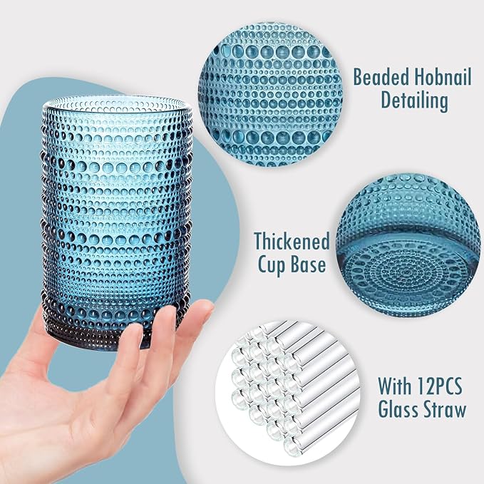 Hobnail Drinking Glasses with Straws, 15oz&12oz Vintage Glassware Set of 12, Blue Hobnail Glassware Embossed Vintage Water Cups, Highball Glasses for Cocktail,Whiskey,Beer and Juice