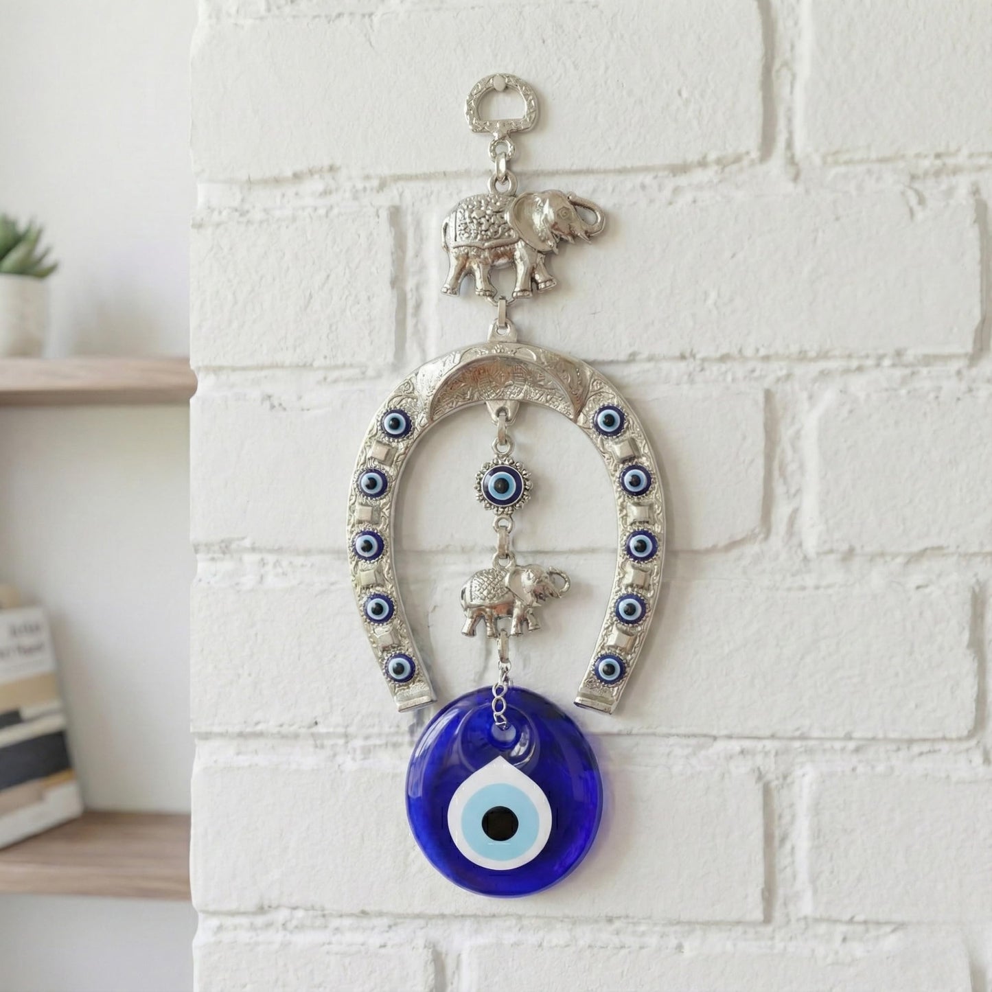 Erbulus Turkish Silver Horse Shoe Blue Evil Eye Wall Hanging Ornament with Elephant - Turkish Nazar Bead Amulet – Home Protection and Good Luck Charm Gift in a Box