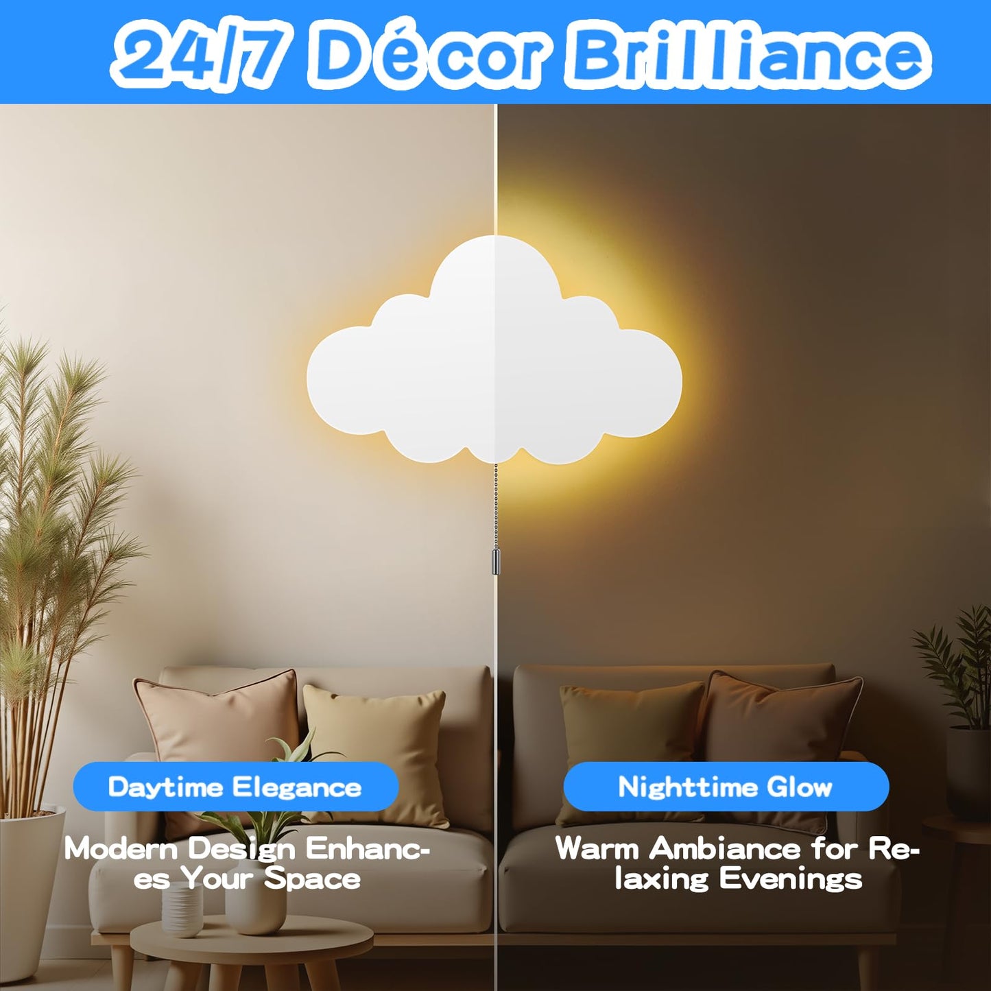 KNYELYNS 2 Pack Cloud Light - Battery-Powered Wall Lamp for Nursery, Kids Bedroom & Baby Room, 3000K Warm Night Light with Pull-String Switch, Cordless 3.7V, Lightweight 13x8in (No Charging Needed)