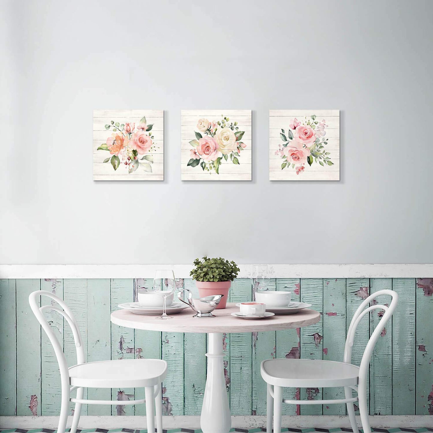 Hardy Gallery Pink Floral Canvas Wall Art: Roses Flowers Bouquet Pictures Artwork for Kitchen Bathrooms (12"x12"x3pcs)