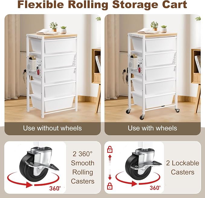 Rolling Cart with Drawers, Rolling Storage Cart with 6 Large Plastic Drawers & Wooden Tabletop, Utility Cart with Pegboards & Basket, Storage Drawers Cart for Living Room, Classroom, Bedroom, Office