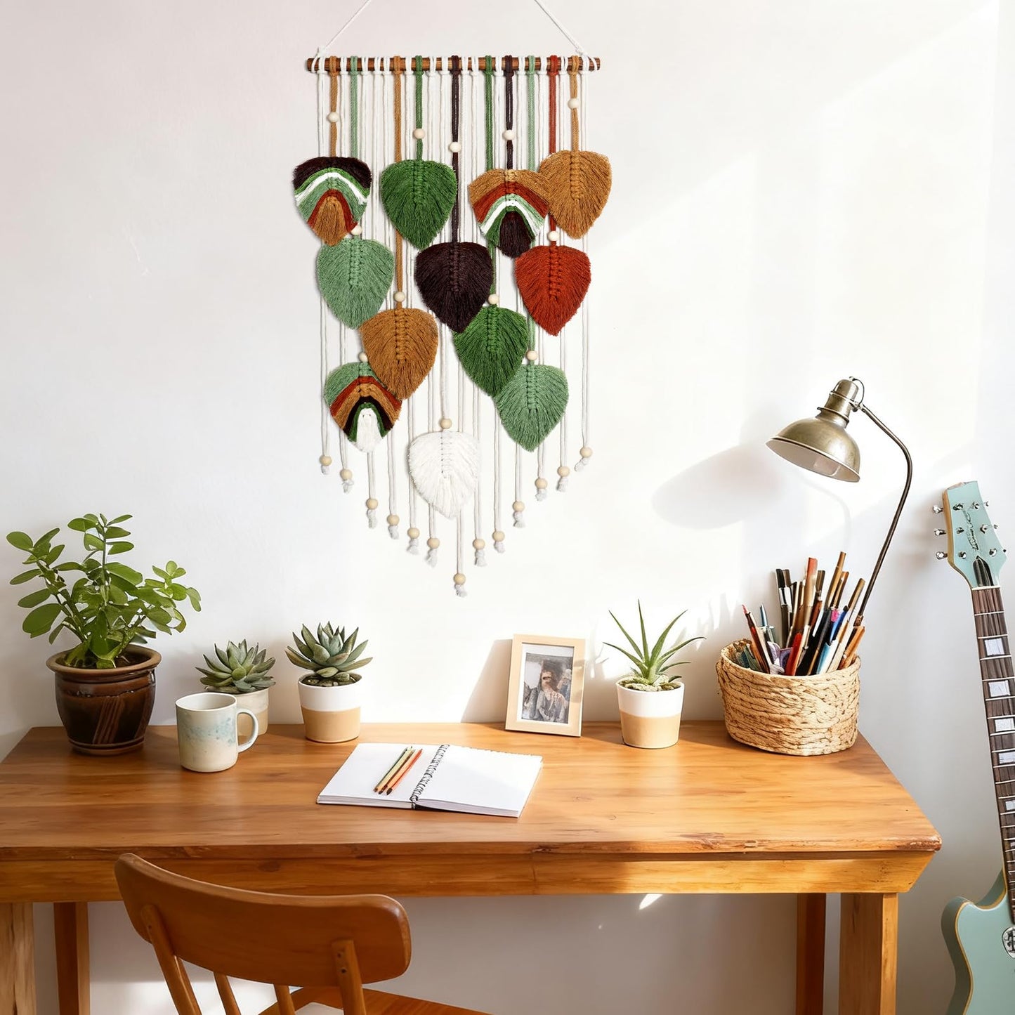 MEIVINES Macrame Wall Hanging Boho Woven Tapestry,Chic Home Decor Modern Bohemian Handmade Leaf Feather Tapestry Wall Art Decor for Bedroom Living Room Nursery Apartment Backdrop 16 X 34 Inch