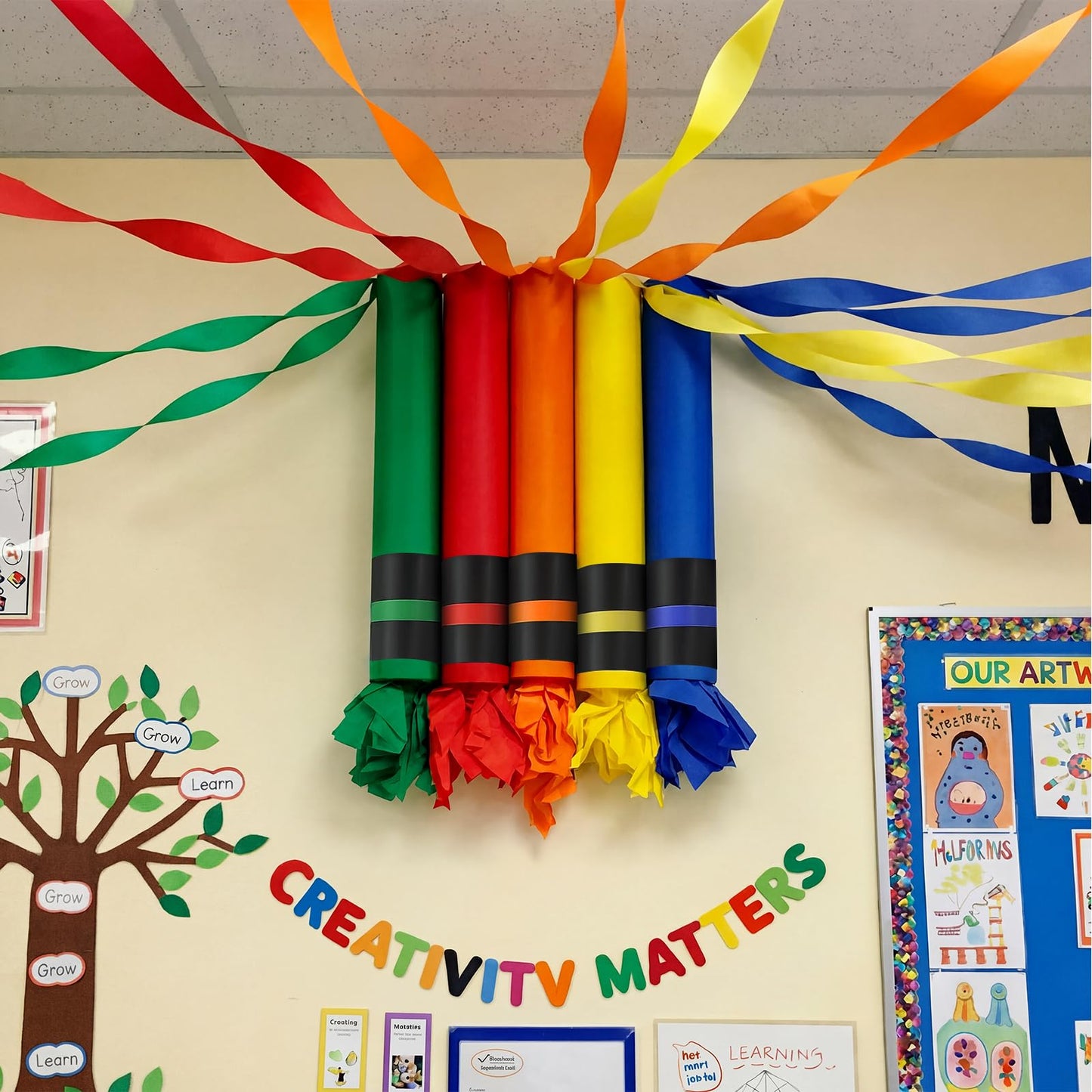 Eaasty 5 Sets Rainbow Crayon Classroom Decor Giant Crayon Chain Garland Streamers DIY Hanging Classroom Art Preschool Kindergarten Graduation Decor for Back to School Daycare Playroom Home School