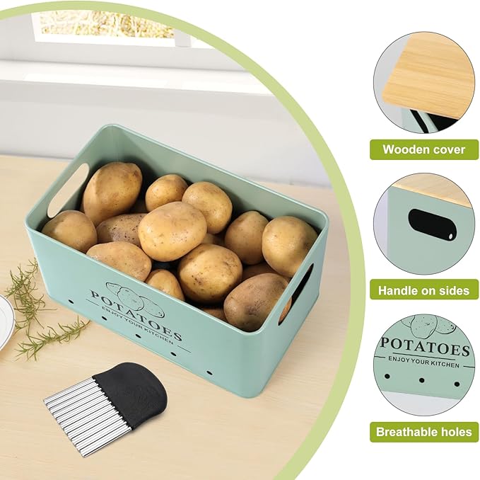 Kitchen Vegetable Storage Set of 3, Metal Onion Garlic Potato Storage Set, Kitchen Canisters Vegetable Keeper Containers with Aerating Holes and Bamboo Lid,Sage Green