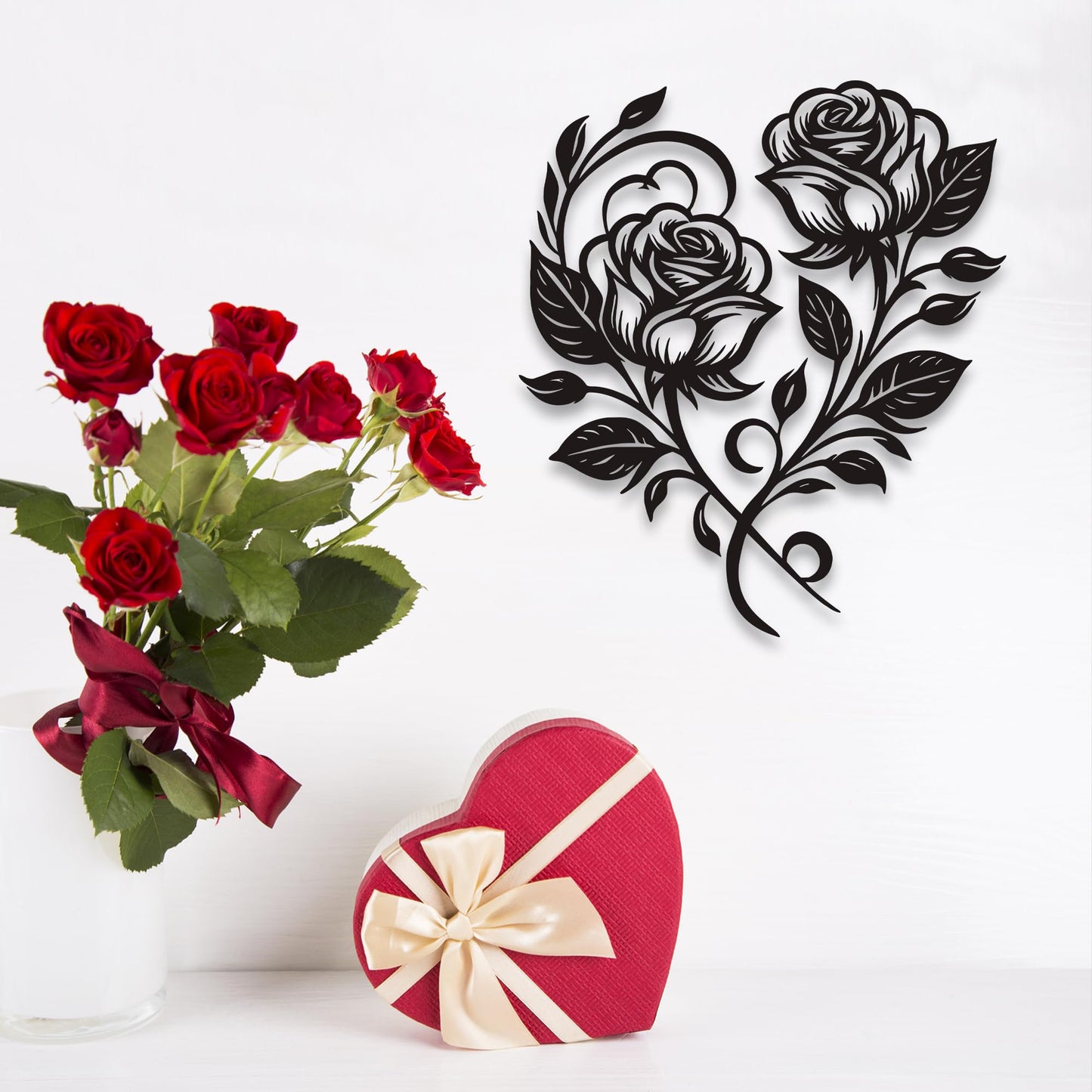 Metal Rose Heart Wall Decor - Elegant Black Metal Flower Wall Decor, Romantic 12.6x11 Inch Flower Wall Art for Living Room/Bedroom/Outdoor, Gift for Valentine's Day, Thanksgiving, Christmas and Other Holidays