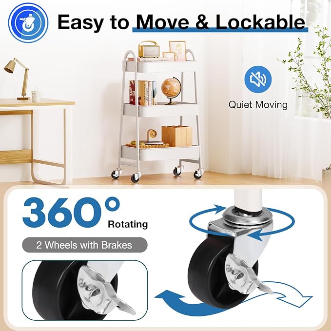 OLIXIS Metal 3 Tiers Utility Rolling Cart, Mobile Storage Shelf with Lockable Caster Wheels, Organization for Livingroom, Bathroom & Narrow Places, White