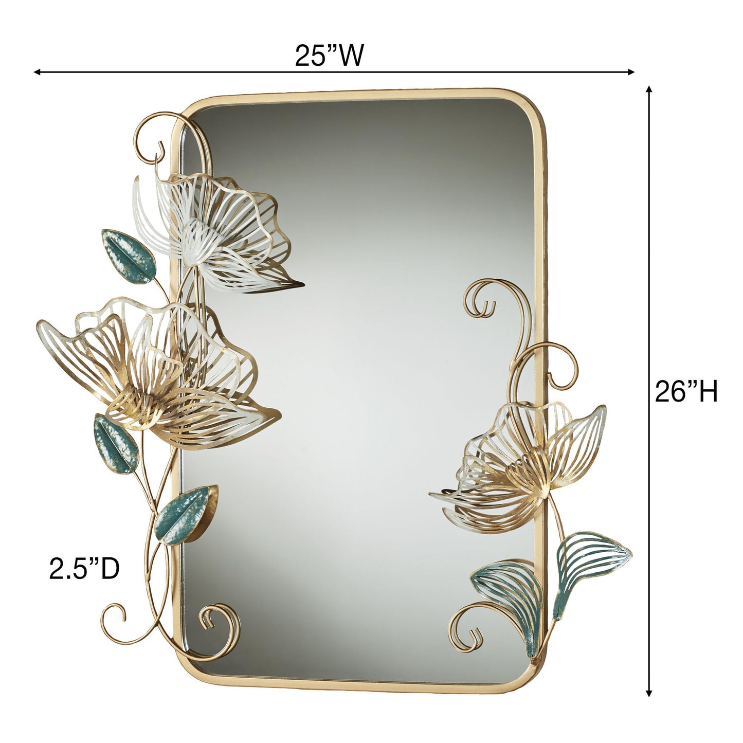 Floral Whisper Wall Mirror | Hand-Finished Metallic Gold with Ivory, Green, and Glitter Details | Rounded Corner Rectangular Panel Wall-Mounted Mirror | Openwork, Layered Flower Blossoms and Leaves