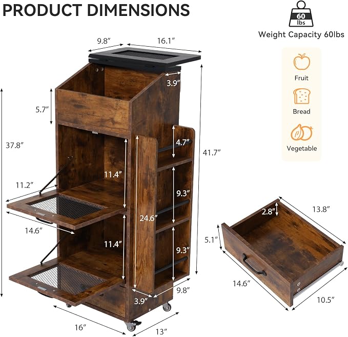 Verano Garden Potato and Onion Storage Bin on Wheels, Wood Bread Box with Lid & Mesh Doors, 4-Tier Rolling Fruit and Vegetable Storage Organizer w/Drawer & Side Rack for Kitchen (Rustic Brown, 16.0")