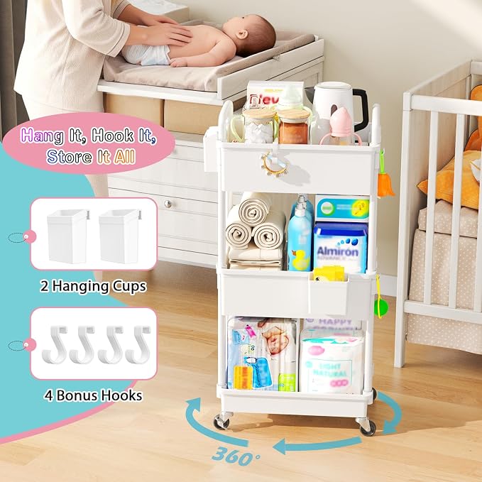 SUNALLY Baby Diaper Caddy Cart, 3 Tier Rolling Diaper Cart with Lockable Wheels for Nursery Essentials, Large Capacity & Easy Assemble Diaper Storage Organizer for Newborn,New Mom, White