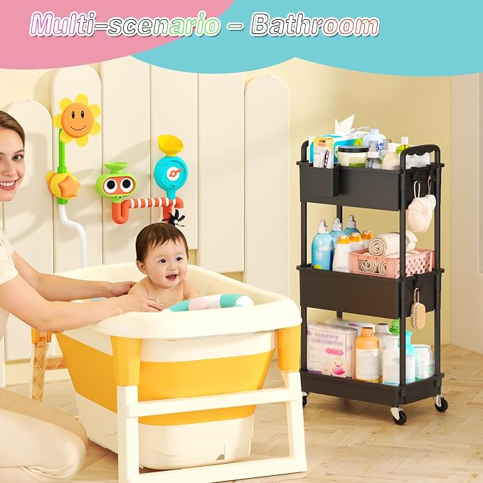 SUNALLY Baby Diaper Caddy Cart, 3 Tier Rolling Diaper Cart with Lockable Wheels for Nursery Essentials, Large Capacity & Easy Assemble Diaper Storage Organizer for Newborn,New Mom, Black
