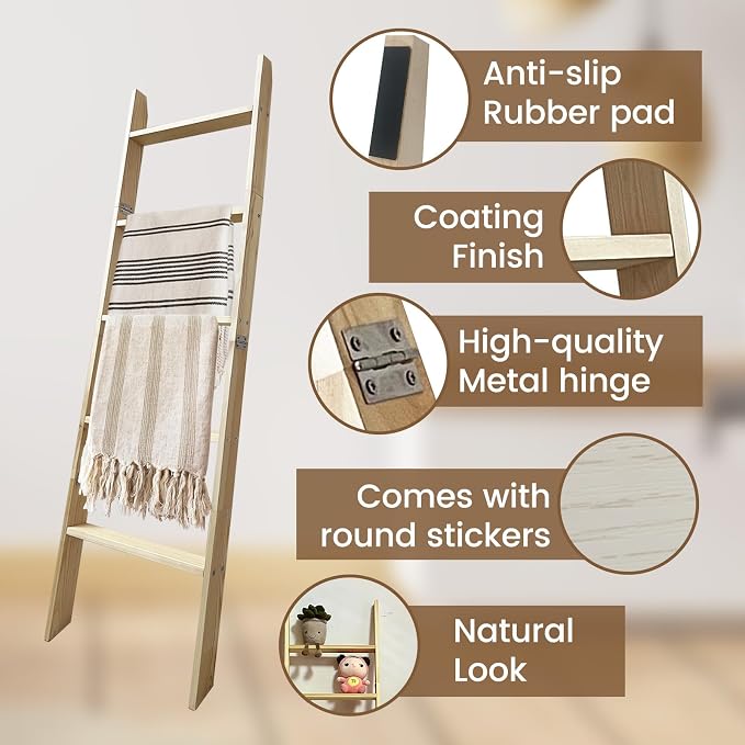 5-Tier Blanket Ladder – 4.8 Ft Wall Leaning Quilt Rack, Farmhouse Blanket Storage for Living Room, Bedroom & Bathroom – Rustic Decorative Wooden Towel & Quilt Holder, Easy to Assemble