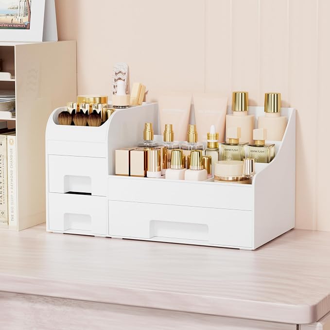 Makeup Organizer with Drawers,Large Cosmetic Storage Box,Countertop Skincare Organizer,ABS Makeup Brush Holder for Bathroom,Desk,Dresser,Multifunctional Beauty Display Case,White transparent