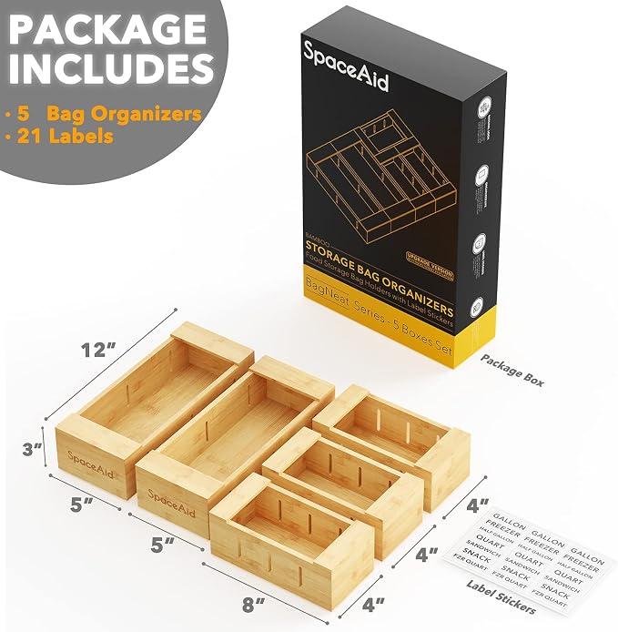 SpaceAid Bag Storage Organizer for Kitchen Drawer, Bamboo Organizer, Compatible with Gallon, Quart, Sandwich and Snack Variety Size Bag (5 Pack Set)