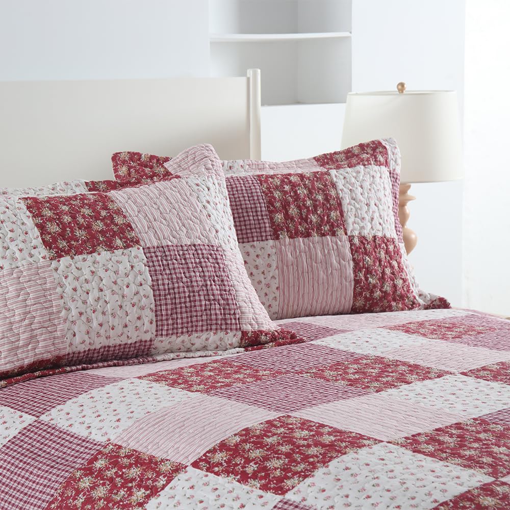 ENASAL Cotton Bedspread Quilt Bedding Sets Reversible Coverlet Sets Comforters Plaid Floral Red White Patchwork Pattern Bedspread for All Season, Queen Size