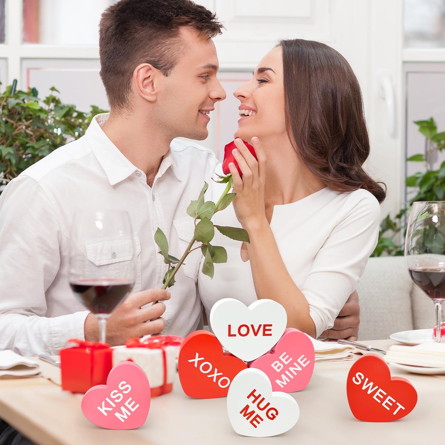 Valentines Day Decorations 6 PCS, Wooden Conversation Heart Decor for Home Table,Red White Pink Candy Heart Signs Centerpiece for Indoor Office Tiered Tray Fireplace,Valentine Gift for Couples Wedding